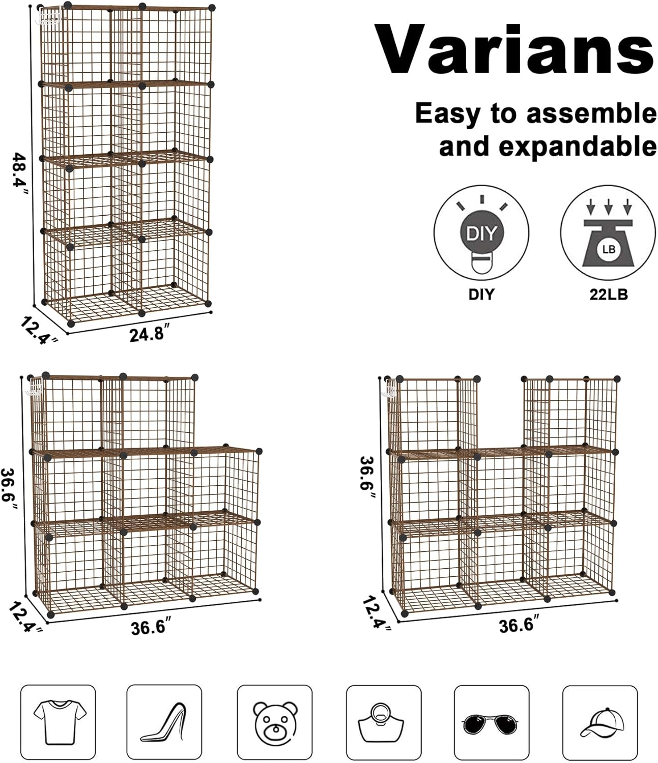 C&AHOME Wire Cube Storage, 6 - Cube Organizer Metal C Grids, Modular Shelves Units, Storage Bins Shelving, Closet Organizer, Ideal for Home, Office, Living Room, 36.6”L x 12.4”W x 36.6”H Black