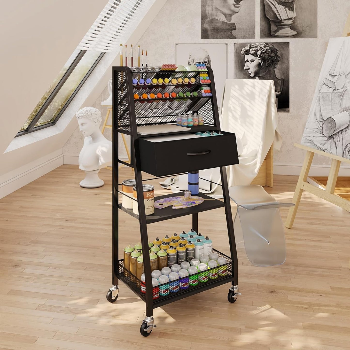 Homsorout 3 Tier Rolling Cart - Metal Utility Cart with Storage Drawer and Wheels, Versatile Art & Craft Organizer for Home, Office, or Studio - Ideal for Storing Brushes, Paints, and Supplies