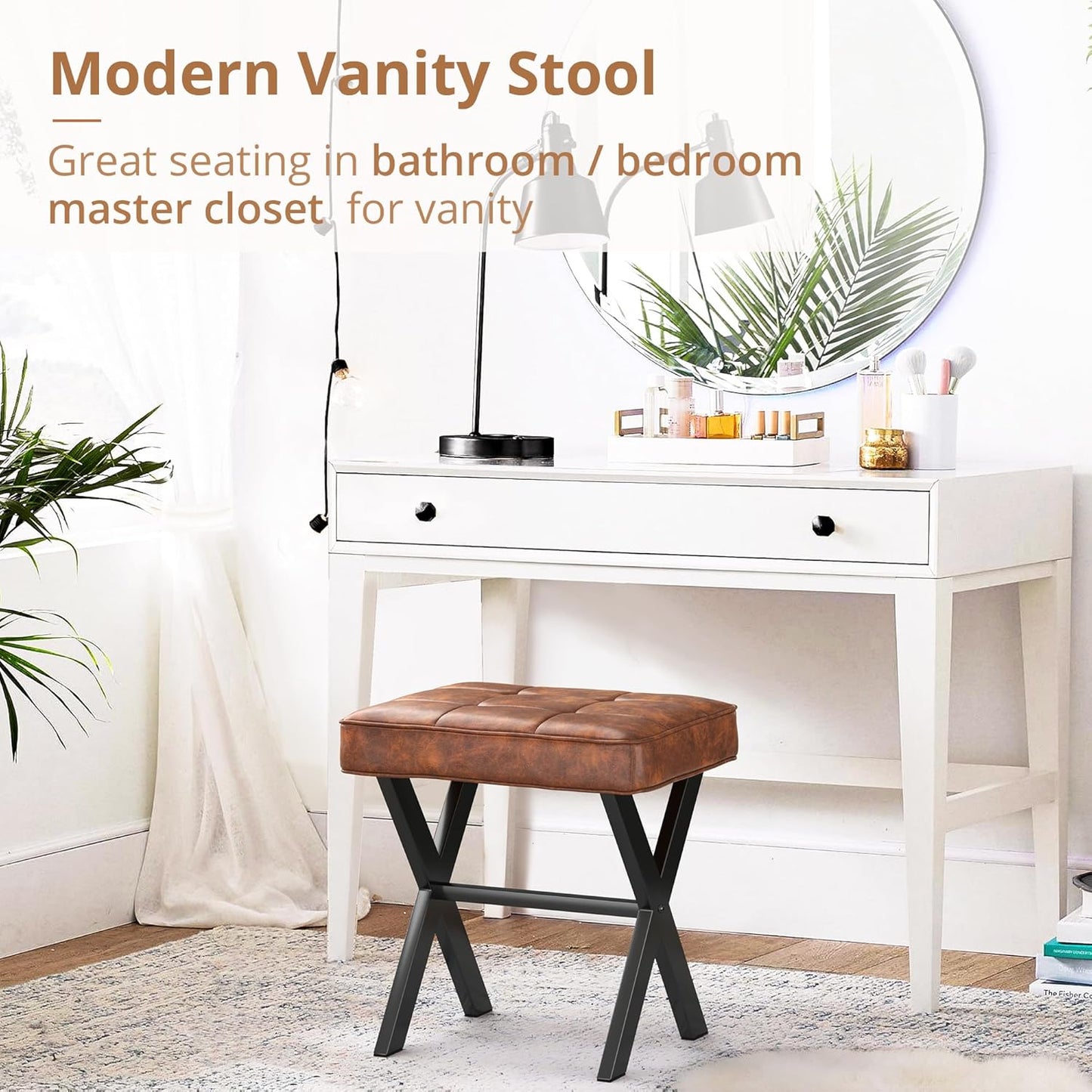 LUE BONA Square Linen Makeup Stool, Metal X Legs, Small Ottoman Stool Chair for Vanity, Modern Padded Seat Foot Rest for Makeup Room, Bathroom