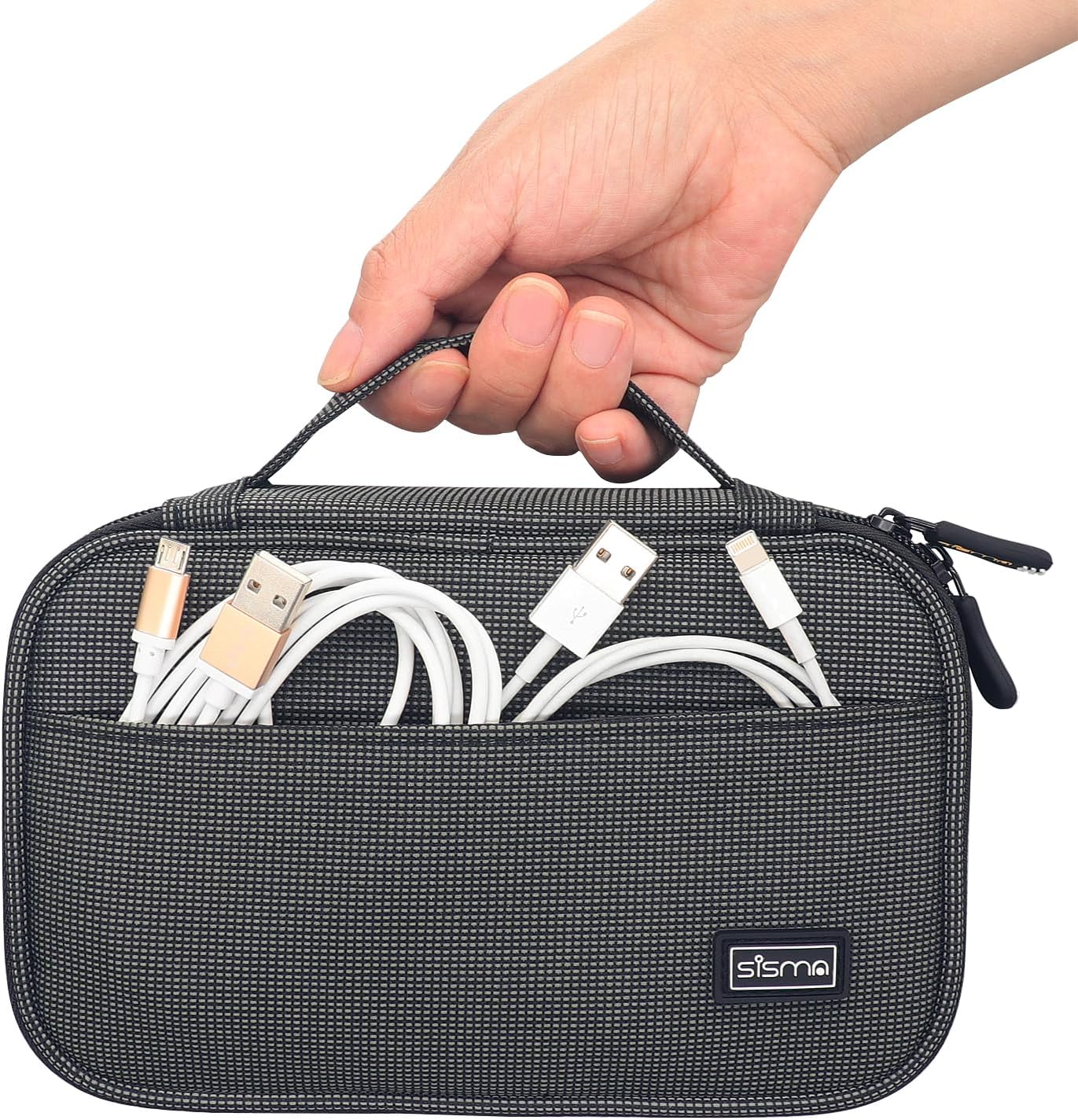 sisma Travel Electronics Organizer Small Carrying Case for Cables Phone Chargers USB Plugs Power Cords Earbuds Adapter Tech Accessories Pouch -Grey