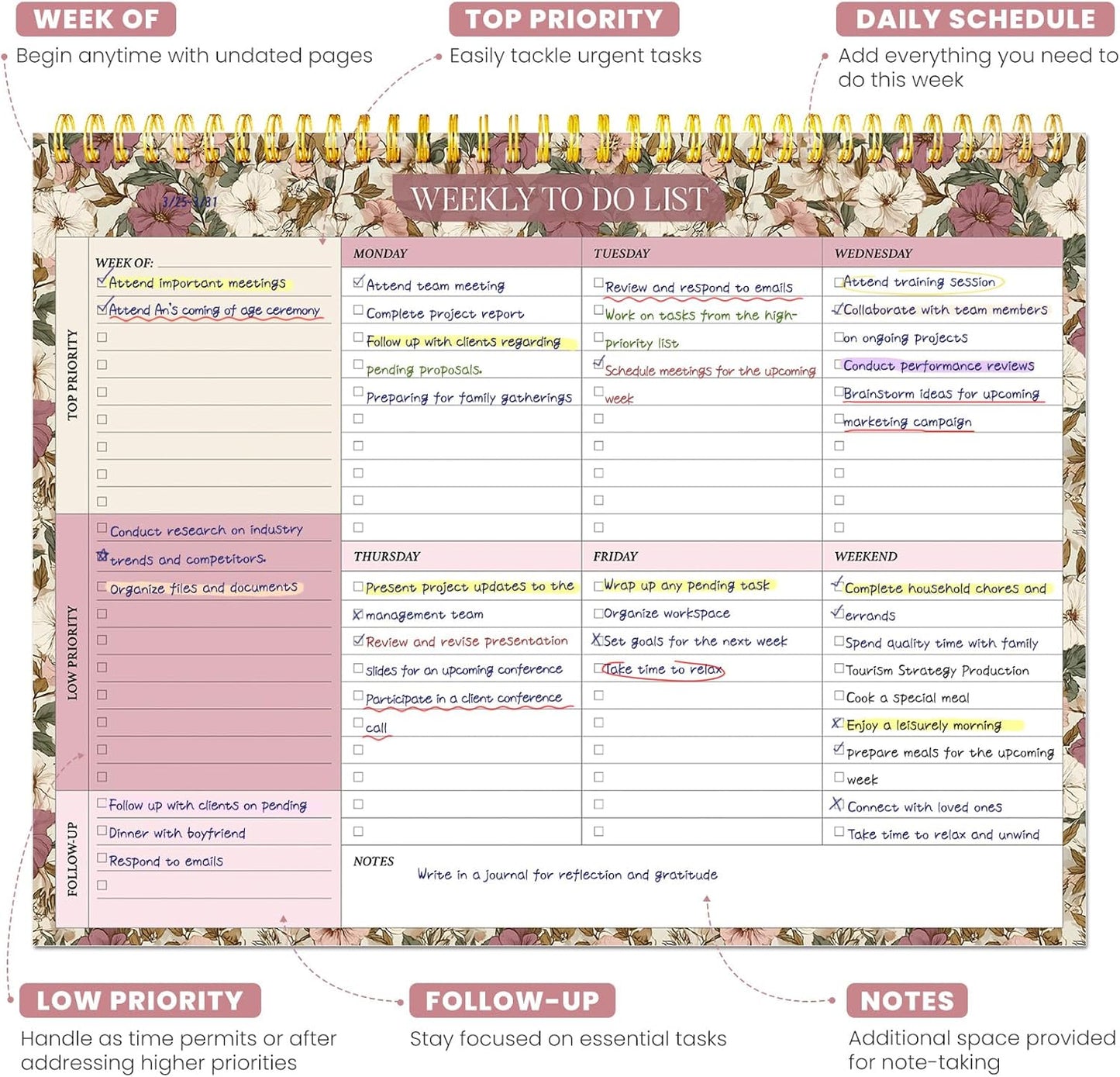 Weekly To Do List Notepad with 52 Undated Sheets（8.5"×11"）- Undated Weekly Planner Notepad for Office Desk Accessories and Supplies - Midnight Lilac