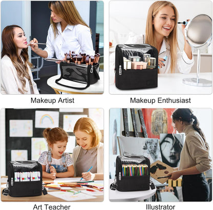 Makeup Brush Bag, Makeup Brush Holder Travel Stand-up Makeup Cup Large Makeup Brush Organizer Case Professional Cosmetic Bag Artist Storage Bag with Adjustable Divider (Large, Black)