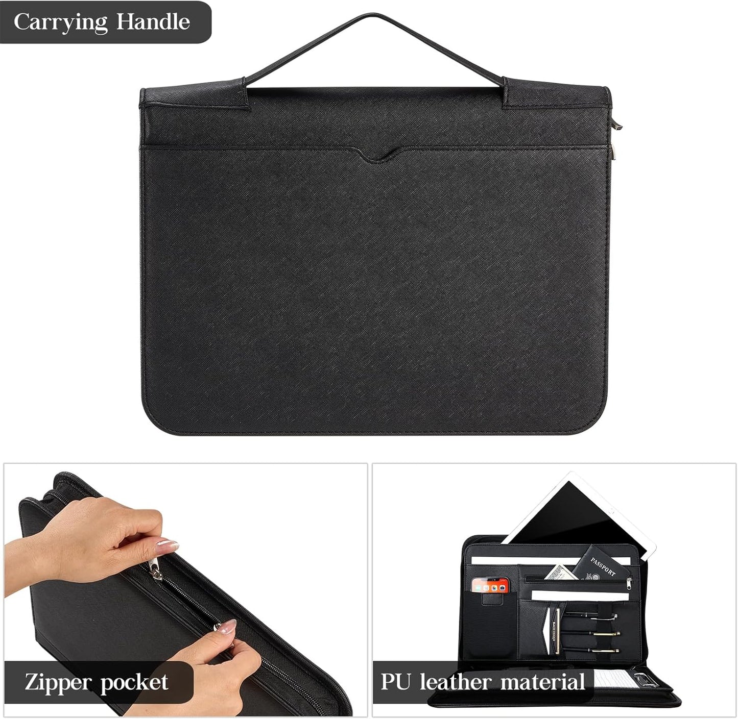 ProCase Portfolio Business Padfolio Folder with Zipper, Conference Meeting Executive File Legal Document Organizer with Pockets Letter Size A4 Writing Pad Notepad Padfolio -Black