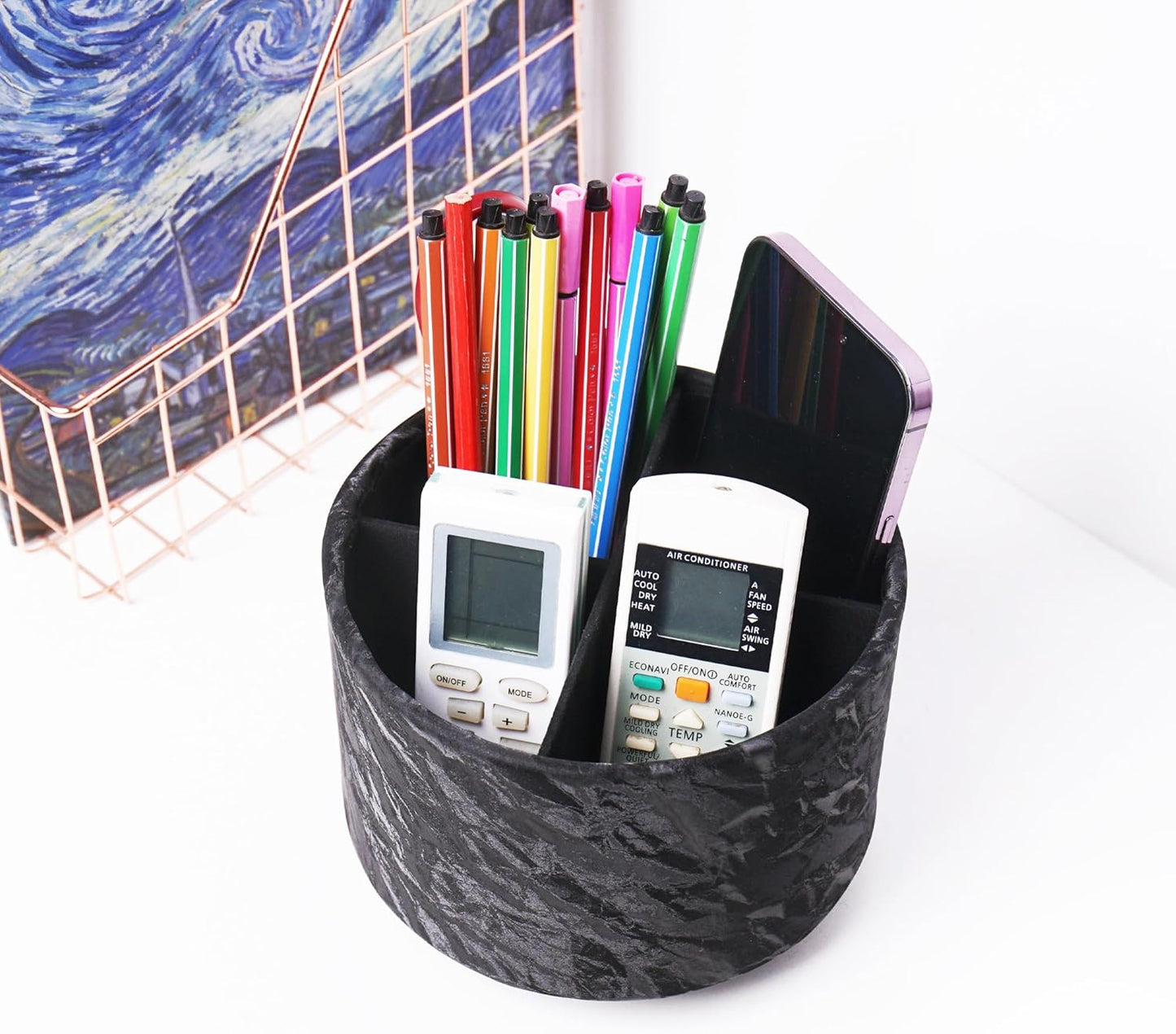 Round Leather Art Supply Organizer,Remote Control Holder,360 Degree Rotating,Multi-Functional Pencil Holder,4 Compartments Desktop Stationary Organizer(1-Fractal Flower) | Round - Colors B
