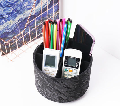 Round Leather Art Supply Organizer,Remote Control Holder,360 Degree Rotating,Multi-Functional Pencil Holder,4 Compartments Desktop Stationary Organizer(1-Fractal Flower) | Round - Colors B