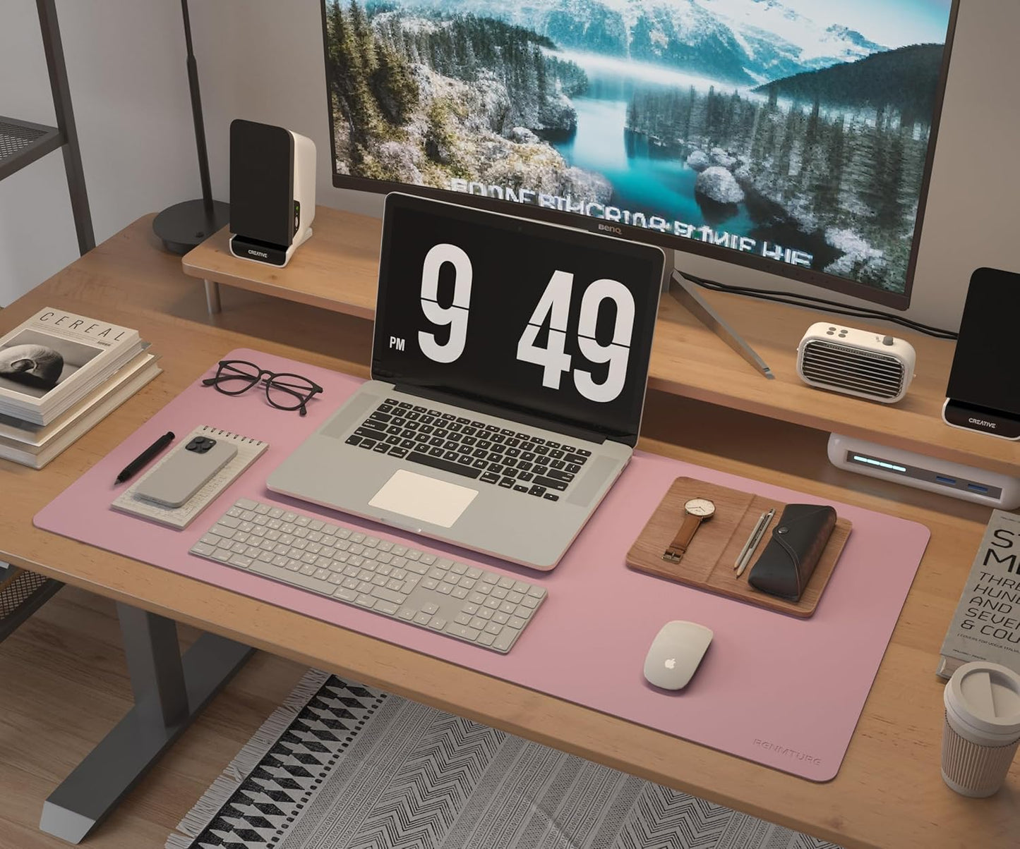 RENMTURE Desk Pad, Cork & PU Leather Desk Mat, Large Mouse pad, Non-Slip Desk Protector and Blotter, Waterproof Writing Pad, Desk Accessories and Organizers for Home Office (Light Yellow, 32"x16")