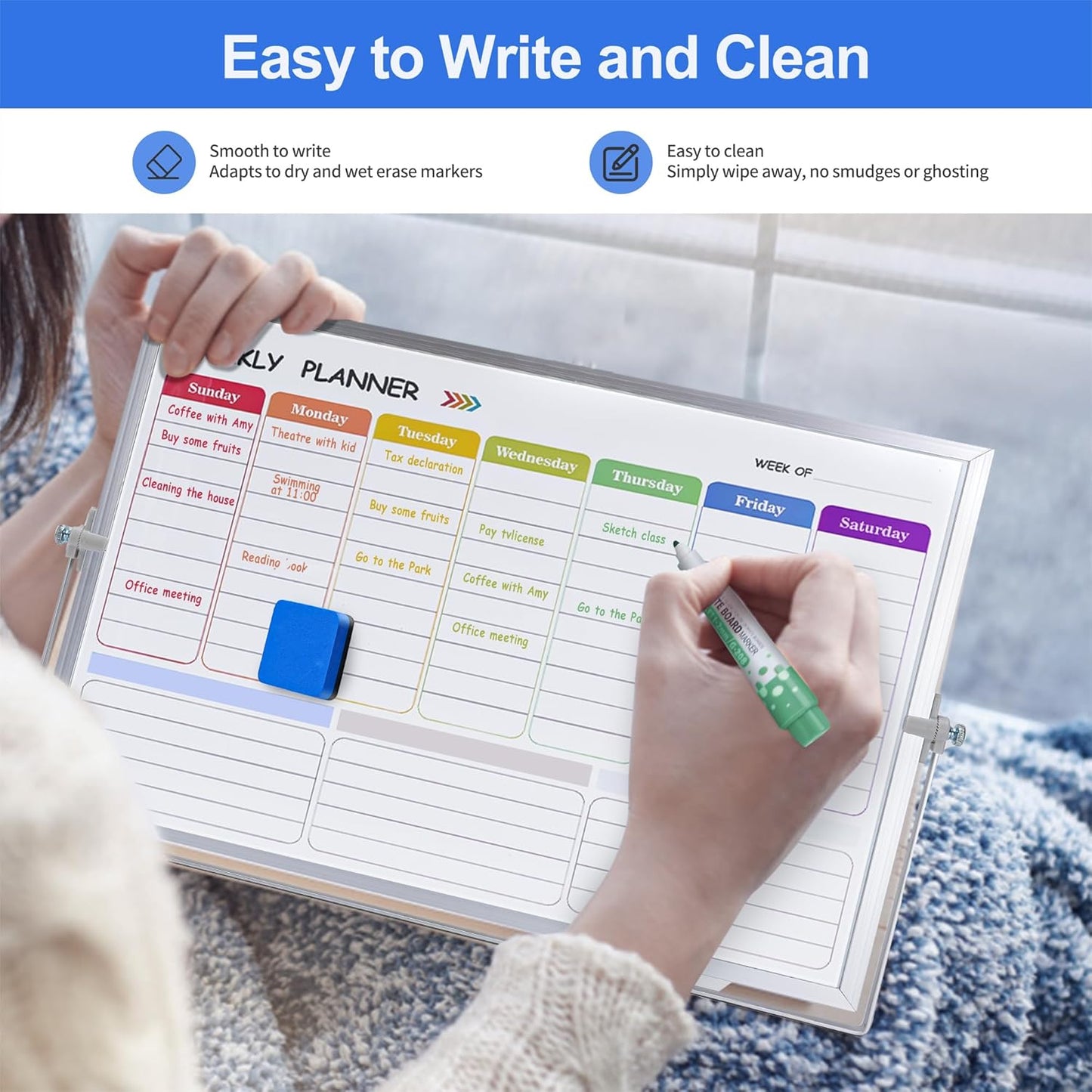 3 in 1 Colorful Magnetic Dry Erase Weekly Planner&Monthly Calendar& 16"x12" Double Sided Magnetic Desktop Whiteboard with Stand,8 Markers, 4 Magnets, 1 Eraser for Office,School,Home