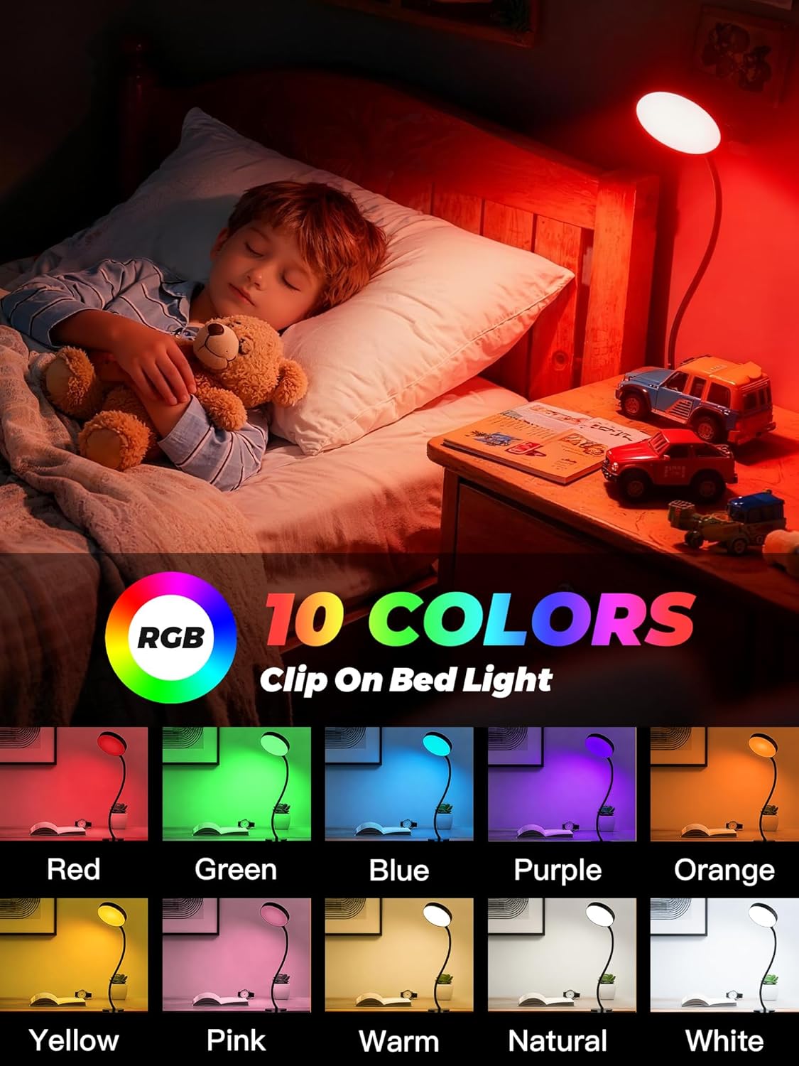 Clip on Light,10 RGB Colors+10 Brightness Clip on Desk Lamp with Clamp, 500 Lumen Bright 72 LED Desk Light, USB Adapter Reading Lights for Books in Bed/Headboard/Bedside Table/Bedroom/Dorm/Home Office