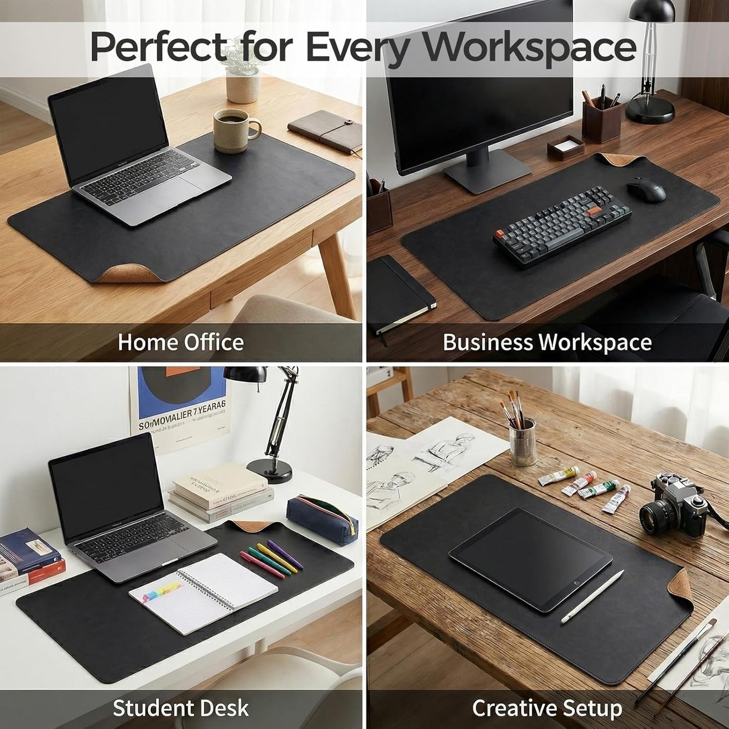 Premium Faux Leather Desk Mat & Tray Set，Innovative Cork-Look Printed Base，Gift Tube Packaging，Full-Desk Coverage，Non-Slip Desk Pad for Office Home（Olive Green）