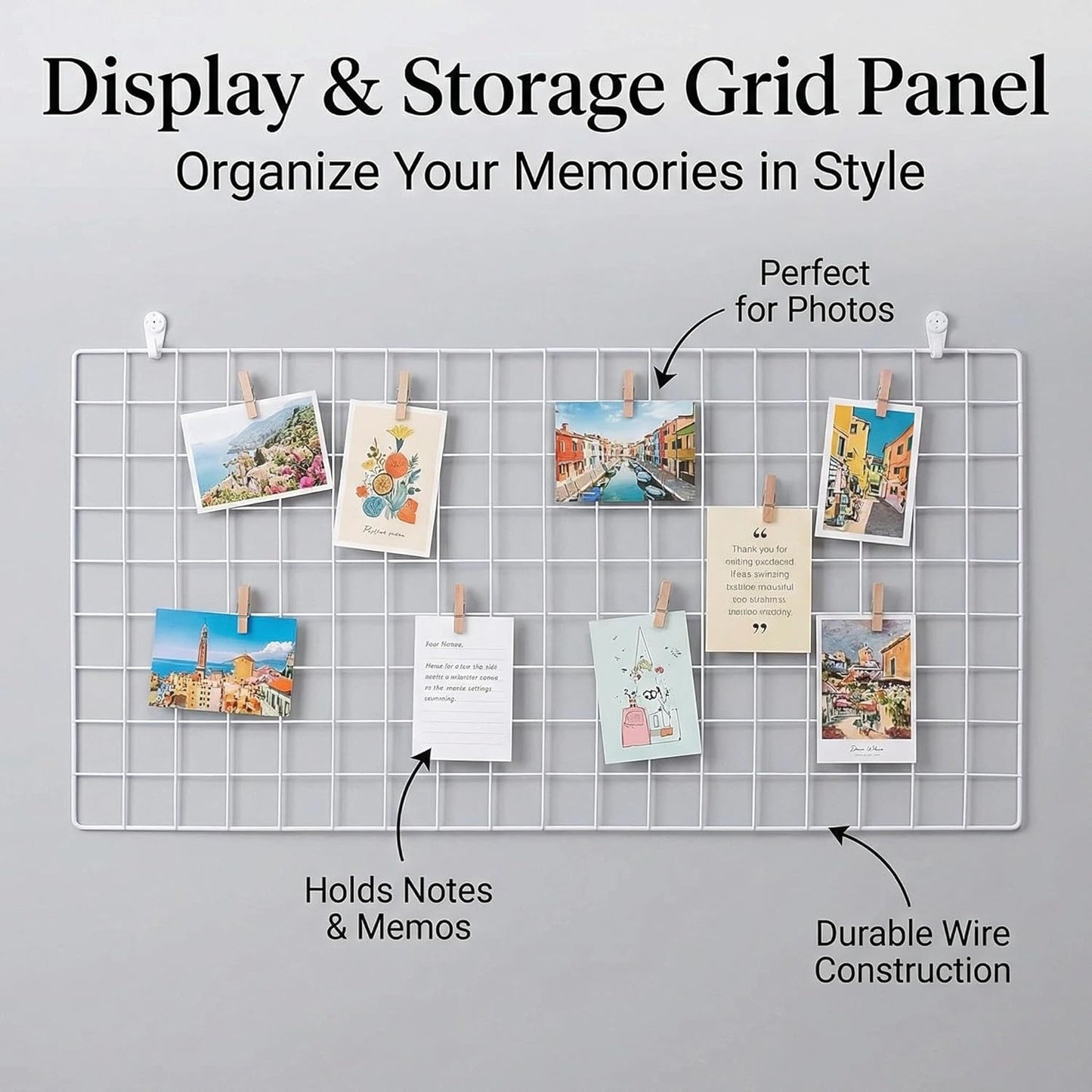 Kaforise Wire Wall Grid Panel, Wire Photo Hanging Display and Wall Storage Organizer, 10 Clips and 2 Nails Offered, Set of 1, Size 17.7" x 37.4", White