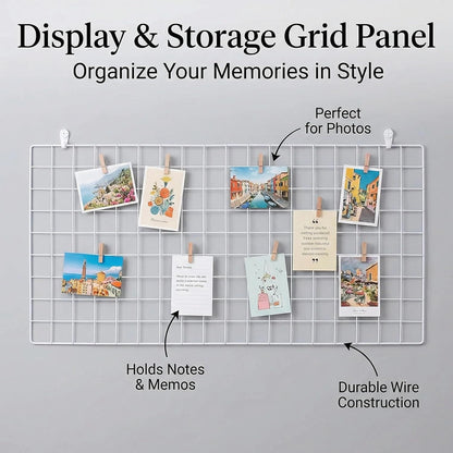 Kaforise Wire Wall Grid Panel, Wire Photo Hanging Display and Wall Storage Organizer, 10 Clips and 2 Nails Offered, Set of 1, Size 17.7" x 37.4", White