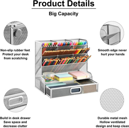 Marbrasse Larger Mesh Desk Organizer with Drawer, Multi-Functional Pen Pencil Holder, Easy Assembly, Desk Organizers and Accessories for Office Art Supplies (Black)