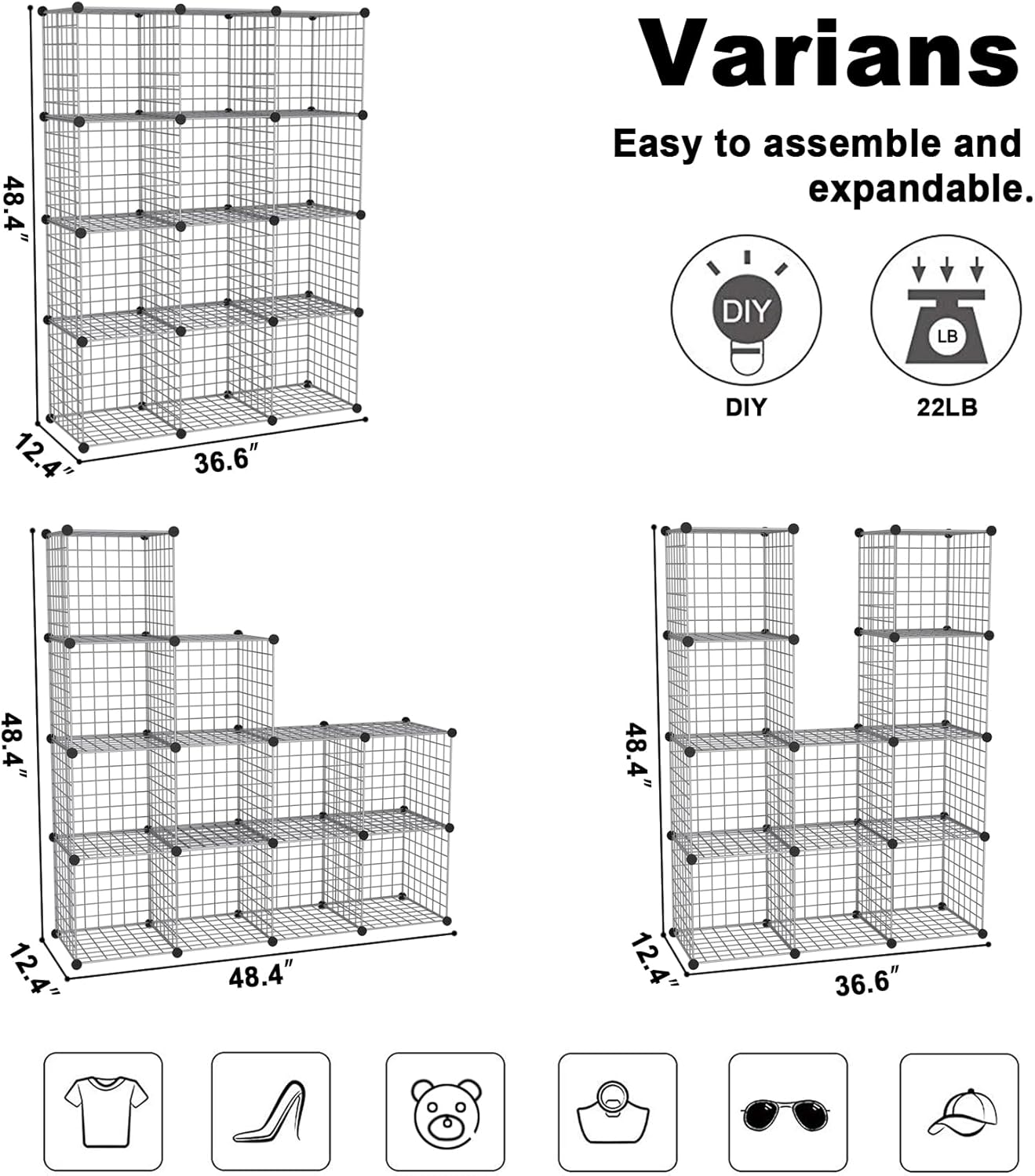 C&AHOME Wire Cube Storage, 12-Cube Storage Organizer Metal, C Grids Storage Bins Shelving, Modular Bookshelf Shelf, Closet Cabinet Ideal for Bedroom, Office 36.6”L x 12.4”W 48.4”H Black