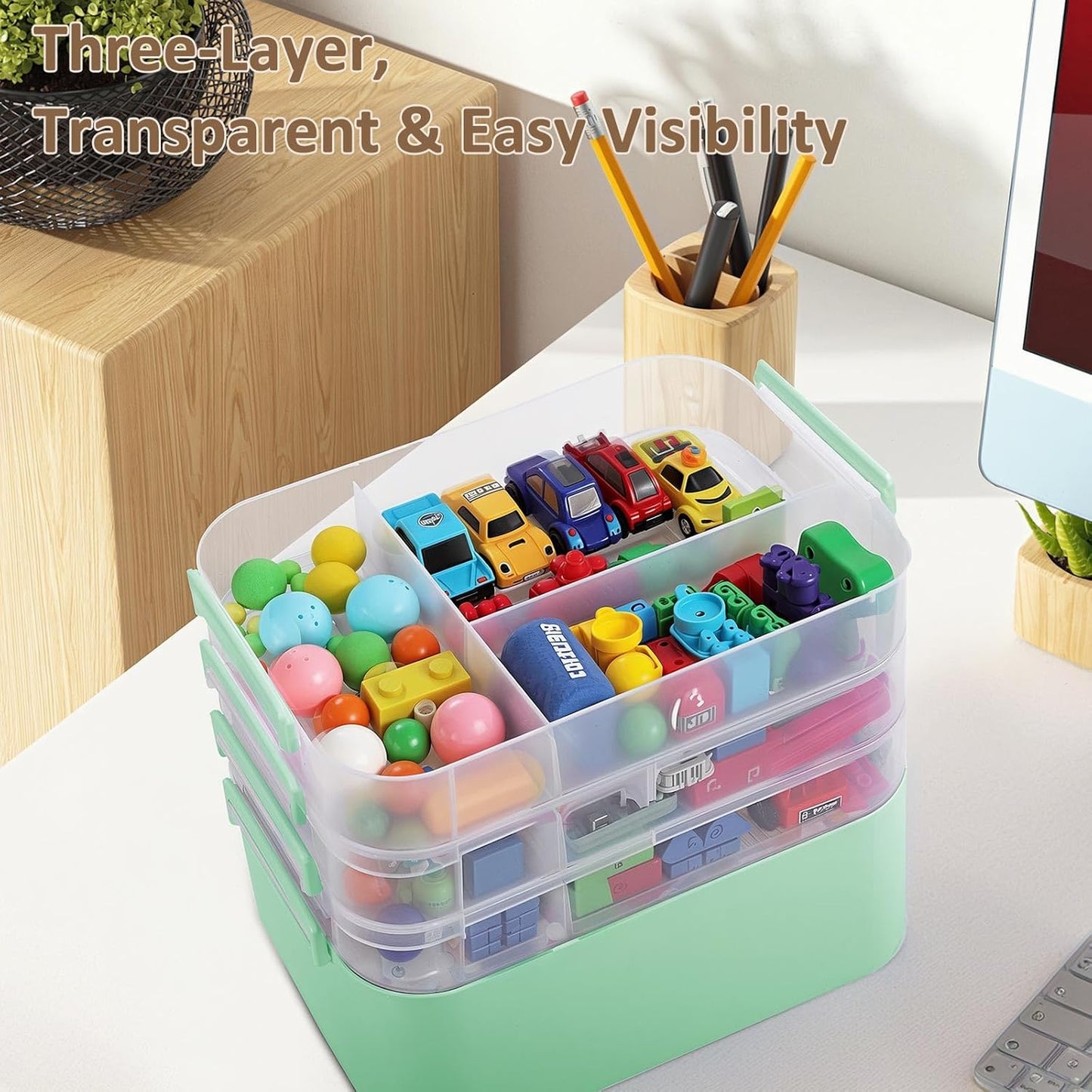 3-Layer Plastic Craft Organizers and Storage Box with Removable Trays, Storage Containers with lids and Handle, Art Supply Storage Organizer for Bead, Ornament, Nail Polish, Tape（10.62"x9"x7.67"）