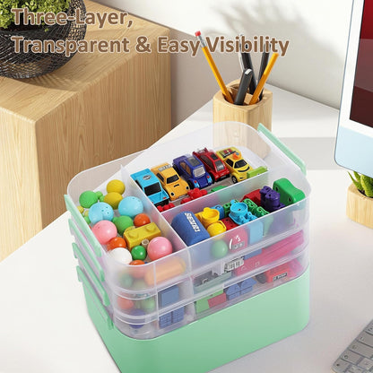 3-Layer Plastic Craft Organizers and Storage Box with Removable Trays, Storage Containers with lids and Handle, Art Supply Storage Organizer for Bead, Ornament, Nail Polish, Tape（10.62"x9"x7.67"）
