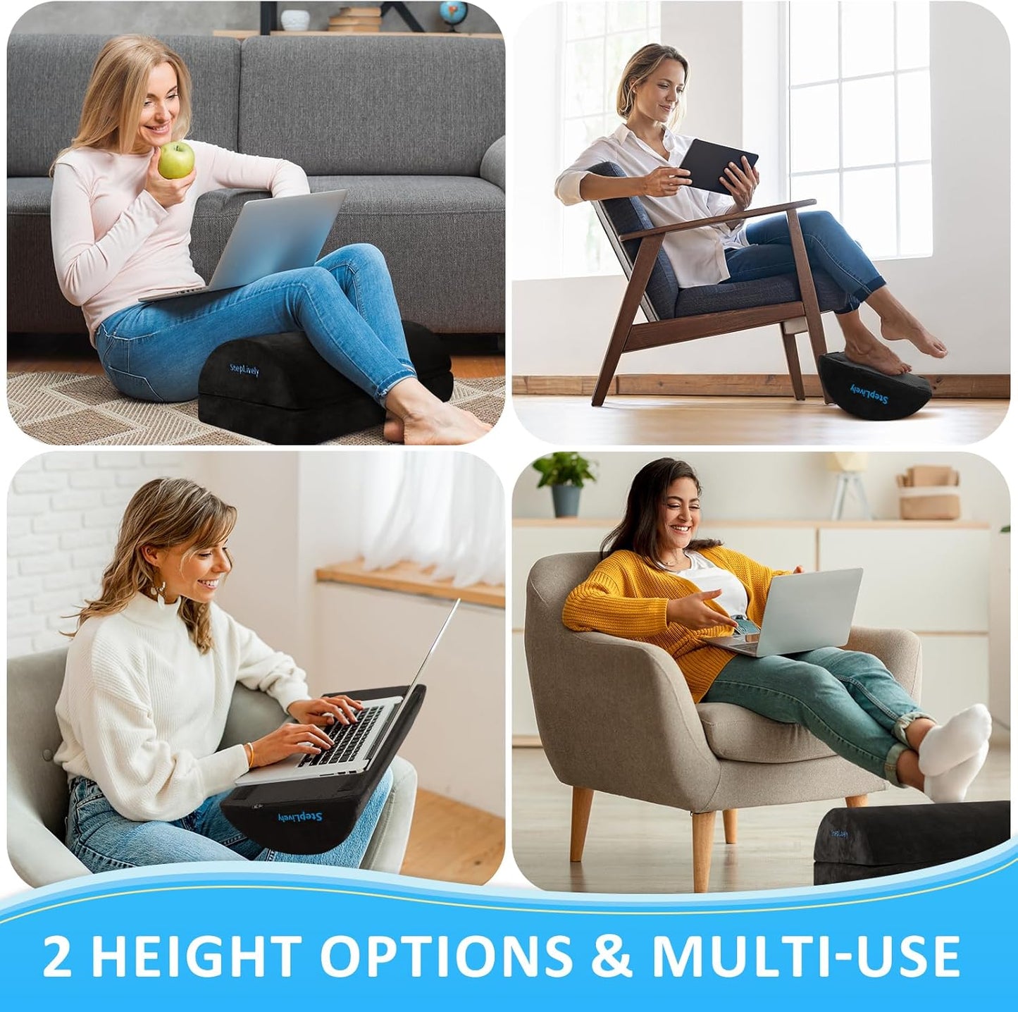 StepLively Foot Rest for Under Desk at Work, Comfortable Foot Stool with 2 Adjustable Heights, Footrest with Washable Cover, for Back & Hip Pain Relief, Suitable for Office, Home and Car (Black)