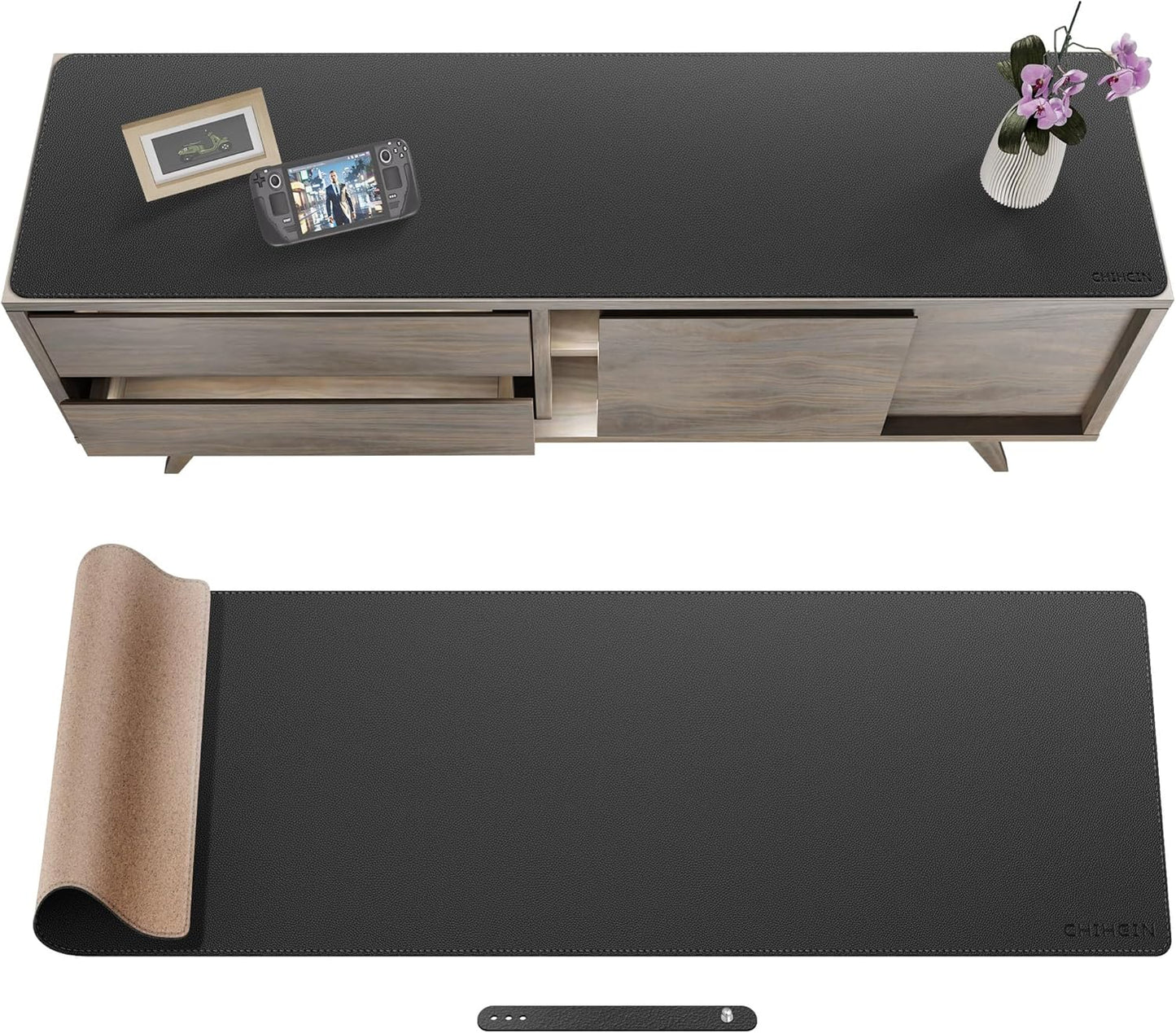 Chihein 2XL 35" x 16" Cork & PU Leather Desk Mat, Dual Sided Desk Pad Protector, Waterproof Writing Blotter for Gaming, Office, Home (Black)