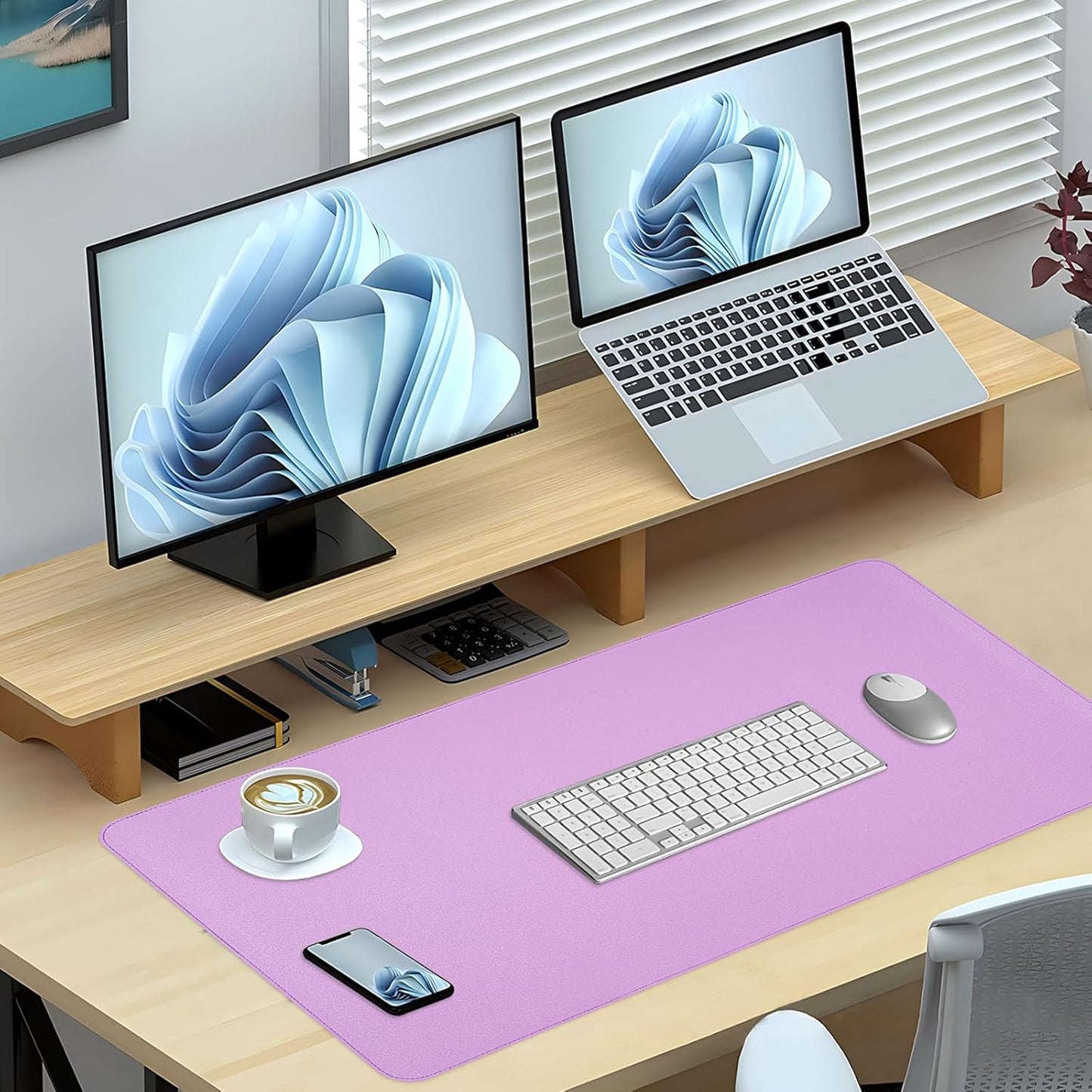 Dual-Sided Desk Pad, Large Mouse Pad - Natural Cork & PU Leather Non-Slip Waterproof Desk Mats for Office and Home (Blue, 31.5" x 15.7")