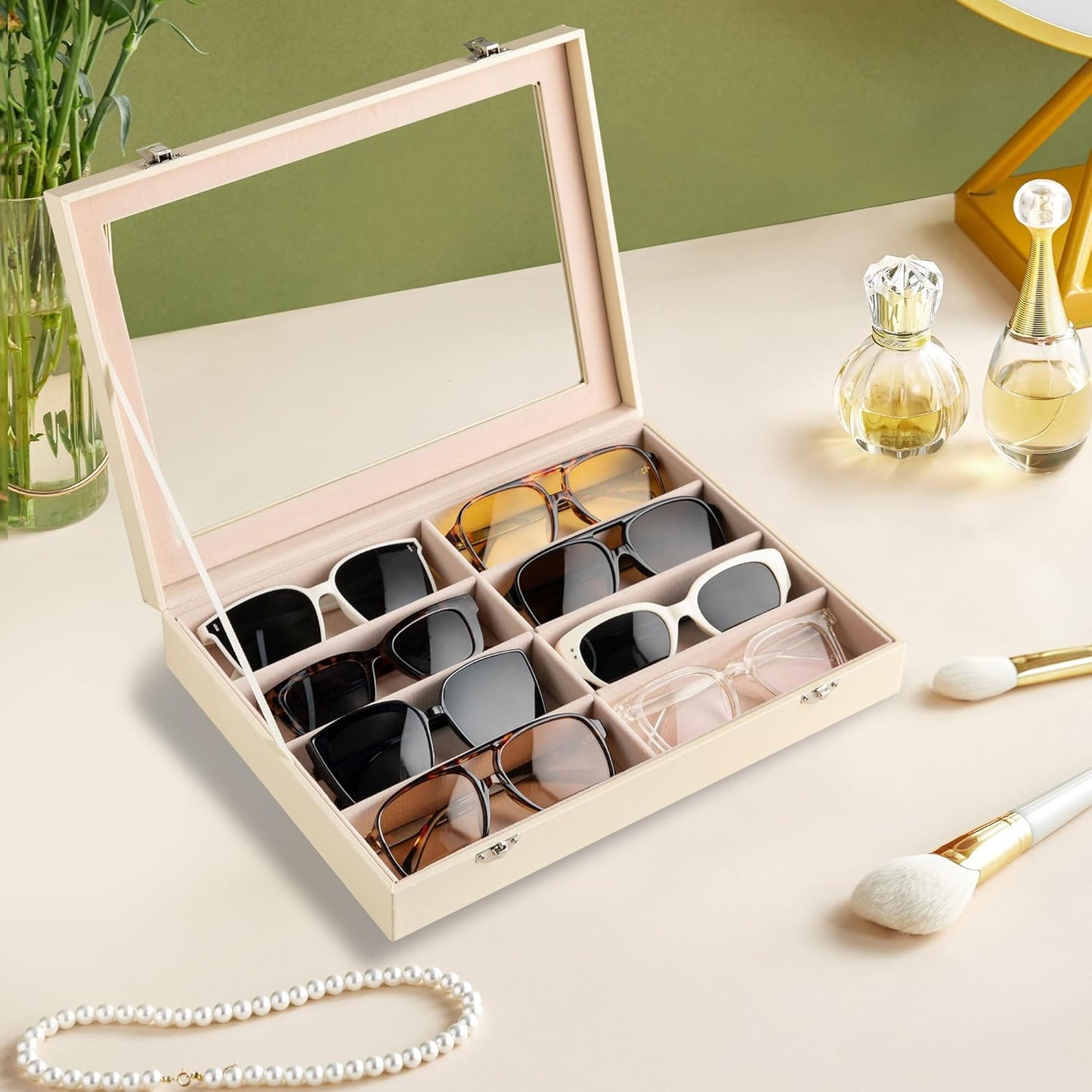 Frebeauty Sunglass Organizer,PU Leather Glasses Organizer,8-Slot Sunglasses Tray,Men's/Women's Sunglasses Box,Sunglass Case,13.3 x 9.6 x 1.5 Inches,Eyeglass/Eyewear Display Tray(Grey)