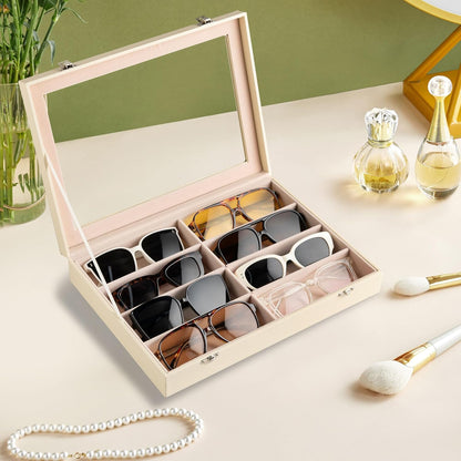 Frebeauty Sunglass Organizer,PU Leather Glasses Organizer,8-Slot Sunglasses Tray,Men's/Women's Sunglasses Box,Sunglass Case,13.3 x 9.6 x 1.5 Inches,Eyeglass/Eyewear Display Tray(Grey)