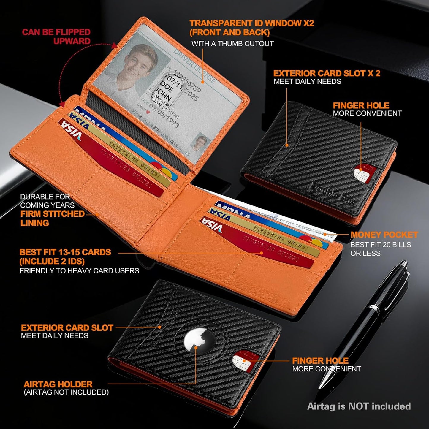 Wallet for Men Slim RFID Blocking Bifold Carbon Fiber,Minimalist Small Compact Front Pocket Credit Card Holder,Thin Mens Leather Wallets Smart Security With 2 ID Windows 1 Cash,Birthday Gifts for Men