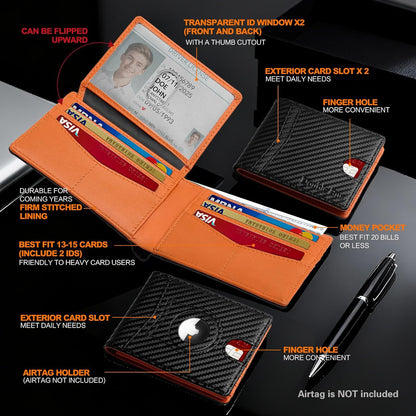 Wallet for Men Slim RFID Blocking Bifold Carbon Fiber,Minimalist Small Compact Front Pocket Credit Card Holder,Thin Mens Leather Wallets Smart Security With 2 ID Windows 1 Cash,Birthday Gifts for Men