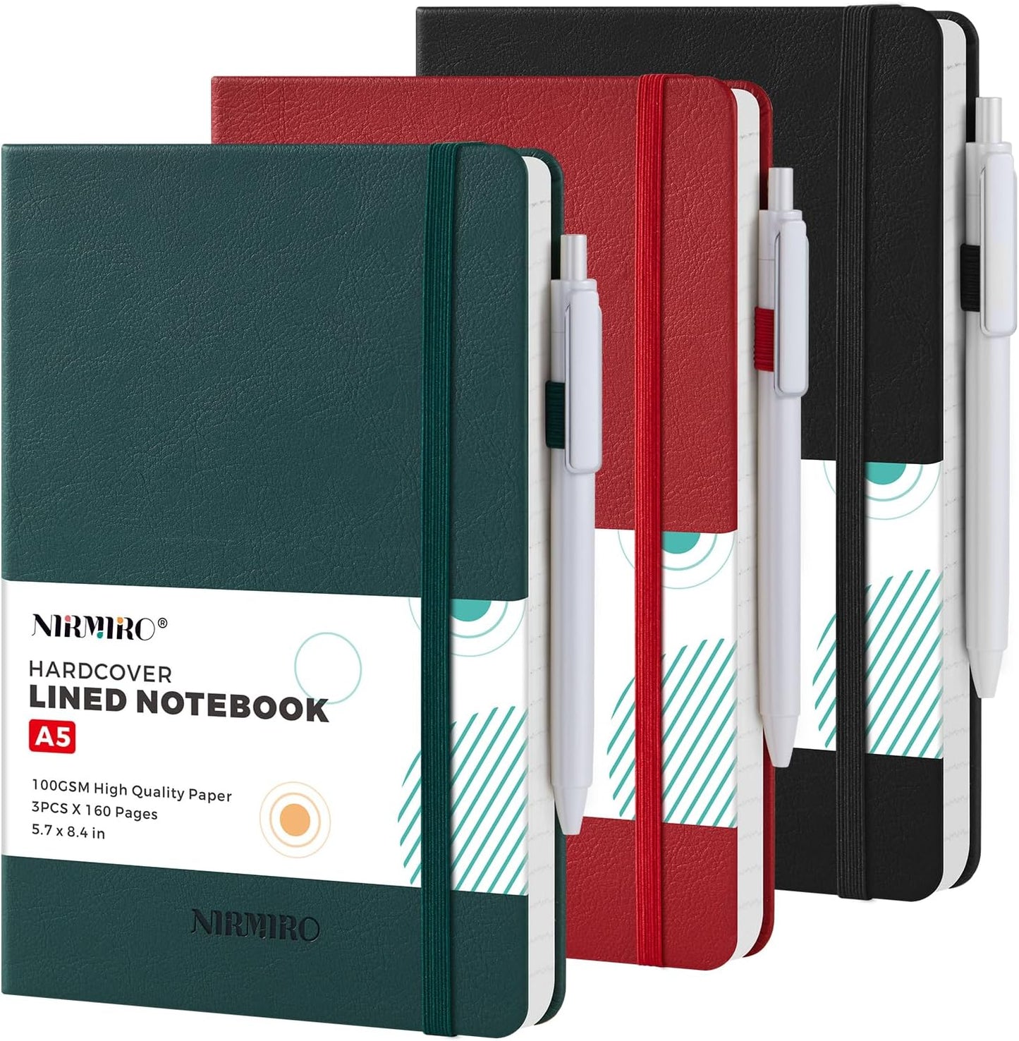 NIRMIRO 3 Pack Pocket Notebook Journals, Small Notepad Notebooks for Note Taking, A6 Mini Note pads with Pen Holder, 408 Lined Pages, 3.7" x 5.7", Black, Brown, Blue