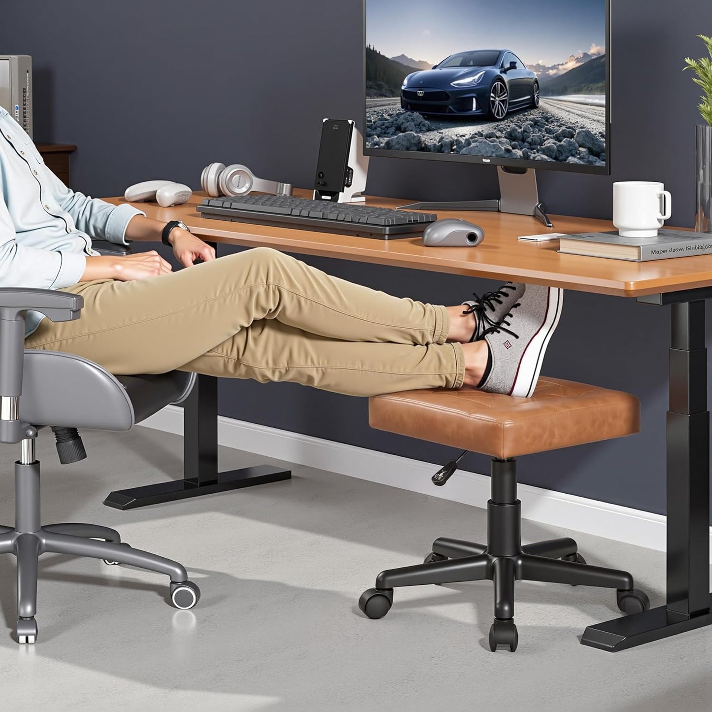 VECELO Under Desk Footrest, PU Ergonomic Foot Rest with Wheels, Comfort Padding, Height Adjustable for Relieving Leg Pain, Stiffness, Black