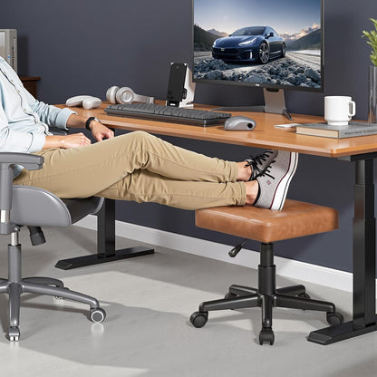 VECELO Under Desk Footrest, PU Ergonomic Foot Rest with Wheels, Comfort Padding, Height Adjustable for Relieving Leg Pain, Stiffness, Black