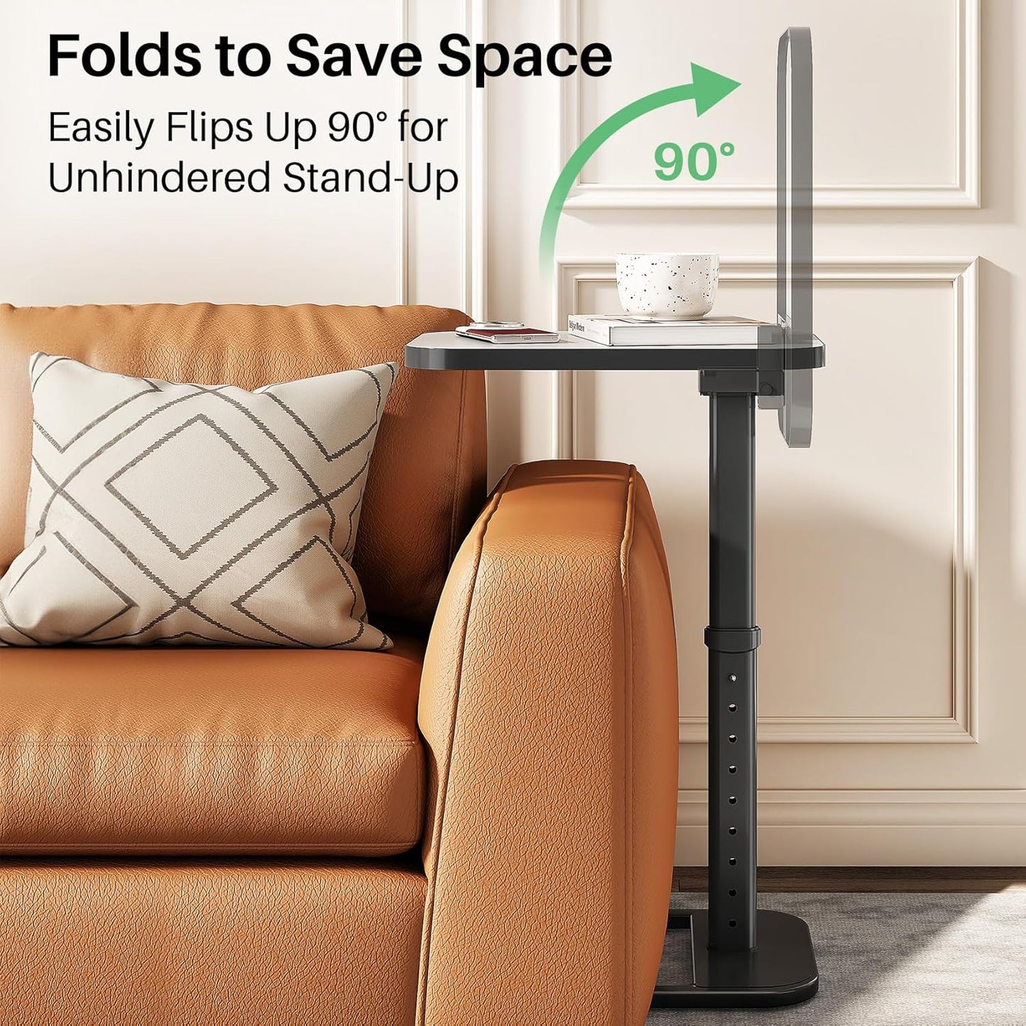 Kitstorack TV Tray Table, Adjustable Height & Flip-Top & Rounded Metal Corners, Snack Table for Couch, Sofa, Bed, Chair, Living Room, C Shaped End Side Table for Eating, Dinner or Laptop, Small Spaces