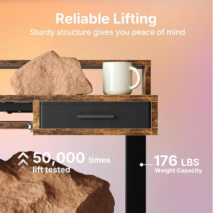 HUANUO 55″ x 26″ Electric Standing Desk with 2 Drawers &24.4″ Large Keyboard Tray, C-Clamp Mount Compatible, Adjustable Computer Desk for Office, Sit Stand Up Desk with 4 Height Presets, Light Walnut