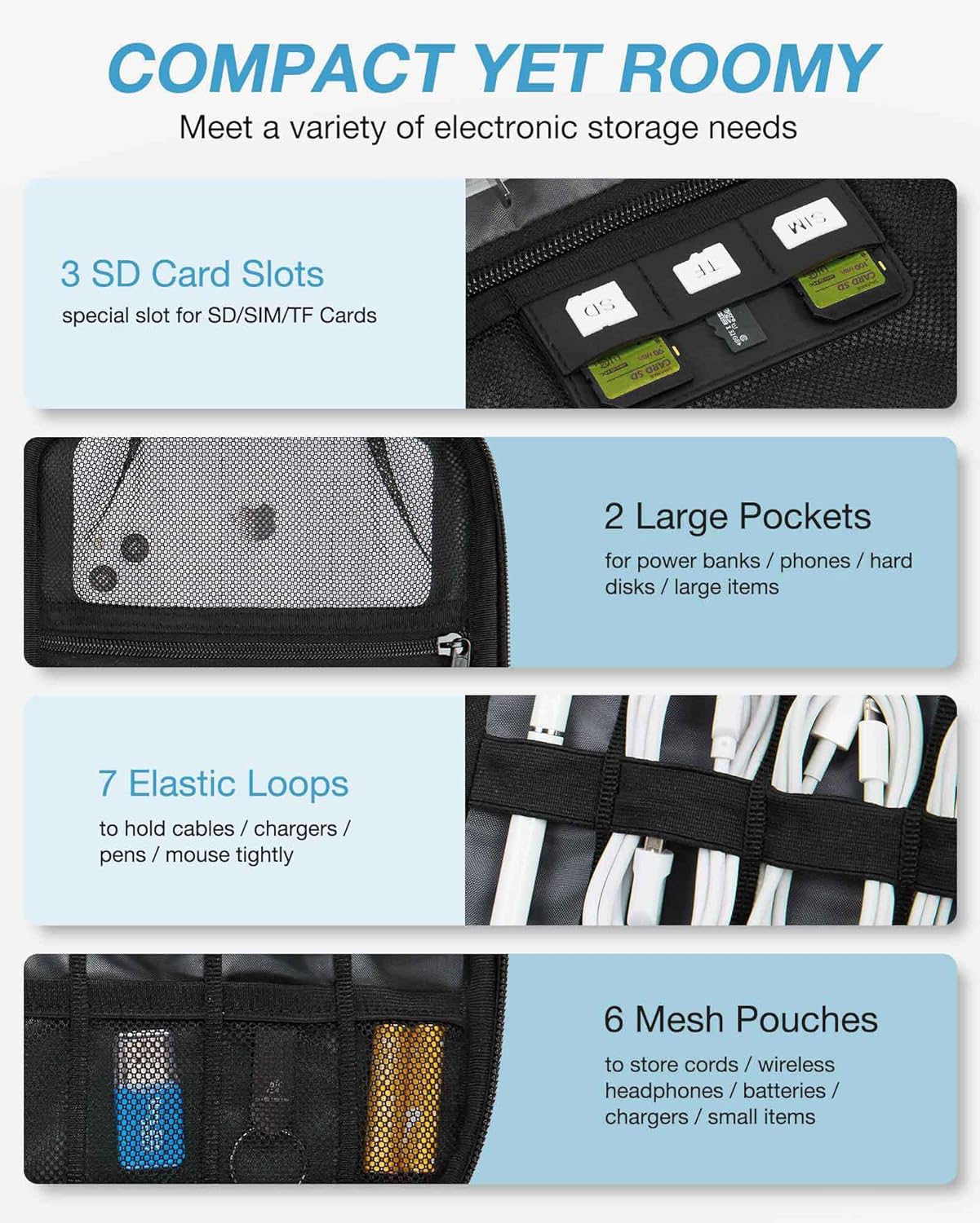 BAGSMART Large Electronics Travel Organizer Case, Tech Accessories Cord Storage Bag for Phone, Power Bank, SD Card, Cables, Black