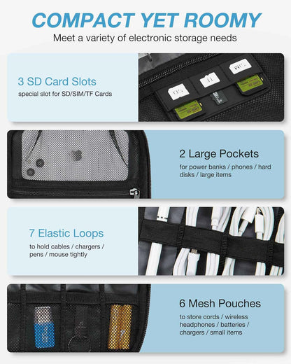 BAGSMART Large Electronics Travel Organizer Case, Tech Accessories Cord Storage Bag for Phone, Power Bank, SD Card, Cables, Black