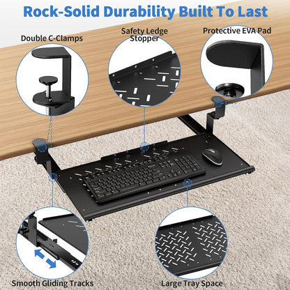Keyboard Tray Under Desk - Full Metal Slide Out Holder, Rust-Resistant & Scratch-Proof, 26x13" Tray, Double C-Clamps for L Shape/Regular Desks, Standing/Sitting Workstation(Black-A)