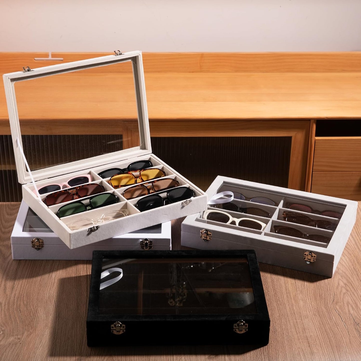 Frebeauty Sunglass Organizer,Velvet Glasses Organizer,8-Slot Sunglasses Tray for Drawer, Men's/Women's Sunglasses Box, Glasses Holder for Watch Stackable Eyeglass/Eyewear Display Tray(Beige)