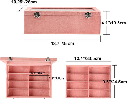 Frebeauty 16 Slots Sunglasses Organizer,2 Layer Velvet Sunglasses Tray with Glass Lid,Multiple Pairs Sunglass Display Case for Man or Woman,13.7 * 10.25 * 4.1 Inches Eyeglass/Eyewear Box (Beige)