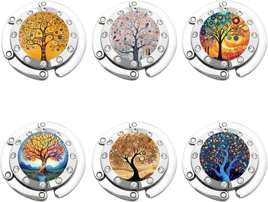 Foldable Purse Hanger Set of 6 - Mixed Color Tree of Life Pattern, Portable Hands-Free Bag Hook for Women, Space-Saving Table Desk Organizer for Restaurant, Office, Home
