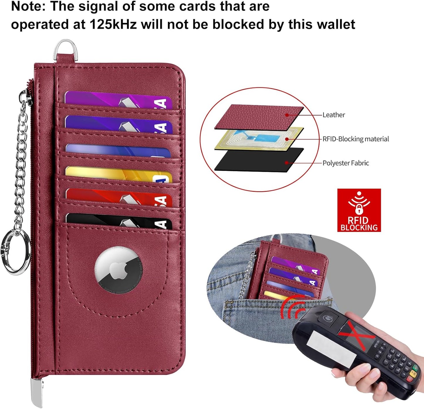 RFID Blocking Slim Credit Card Holder Wallet with Zipper Money Pocket & Keychain, Slim Airtag Wallet for Men Women