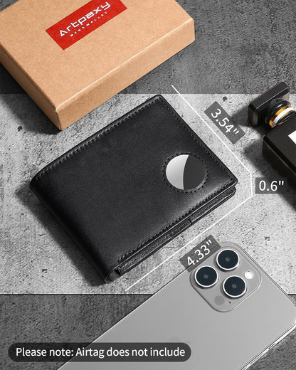 Mens Wallet With AirTag Holder, Bifold Leather RFID Blocking 1-2 ID Windows 12-13 Card Holders, Gift Box and Screen Protector Included, AirTag Not Included