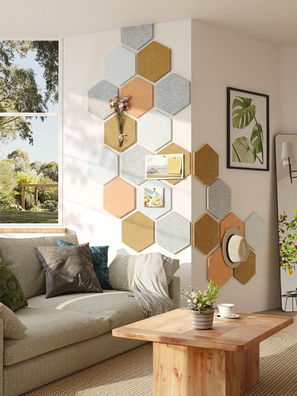 8 Pack Hexagon Felt Bulletin Board Tiles - 12" Large Thick Pin Board for Walls with 30 Push Pins, DIY Boards for Office Home School Decor, Aesthetic Hex Cork Board Alternative