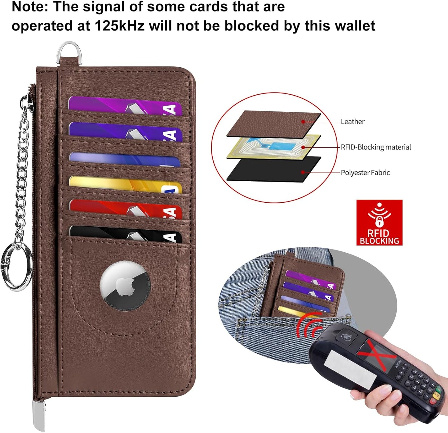 RFID Blocking Slim Credit Card Holder Wallet with Zipper Money Pocket & Keychain, Slim Airtag Wallet for Men Women