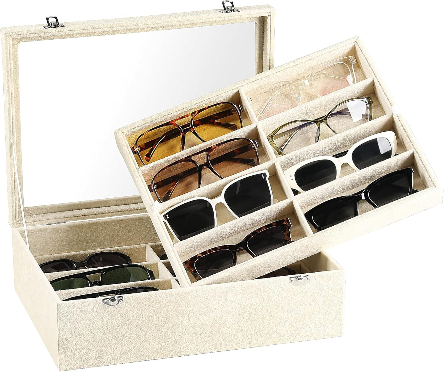 Frebeauty 16 Slots Sunglasses Organizer,2 Layer Velvet Sunglasses Tray with Glass Lid,Multiple Pairs Sunglass Display Case for Man or Woman,13.7 * 10.25 * 4.1 Inches Eyeglass/Eyewear Box (Beige)