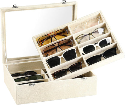 Frebeauty 16 Slots Sunglasses Organizer,2 Layer Velvet Sunglasses Tray with Glass Lid,Multiple Pairs Sunglass Display Case for Man or Woman,13.7 * 10.25 * 4.1 Inches Eyeglass/Eyewear Box (Beige)