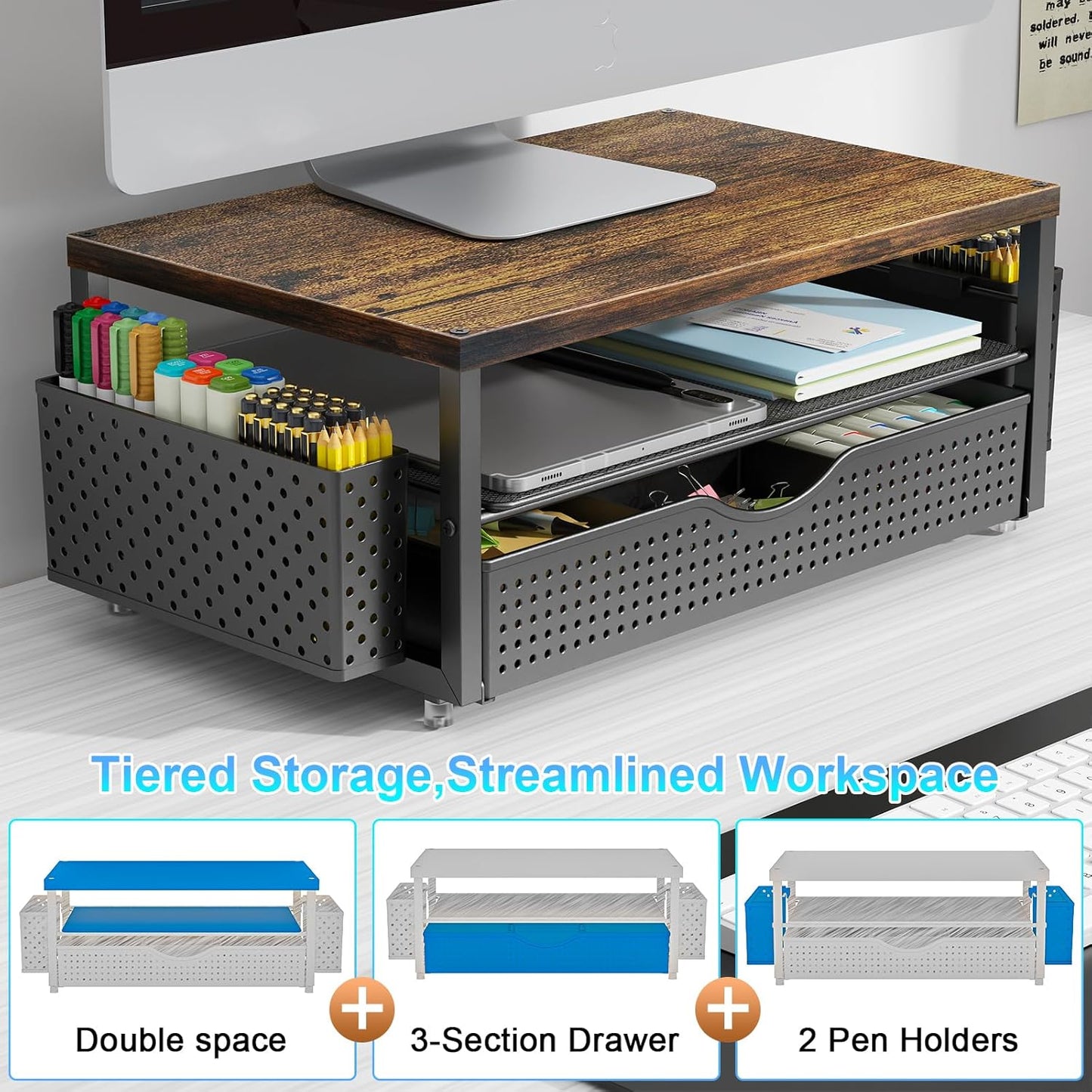 gianotter Monitor Stand Riser, Office Desk Shelf Organizer, Desk Organizer with Drawer and Pen Holder, 2-Tier Computer Stand, Office Organization (Ink)