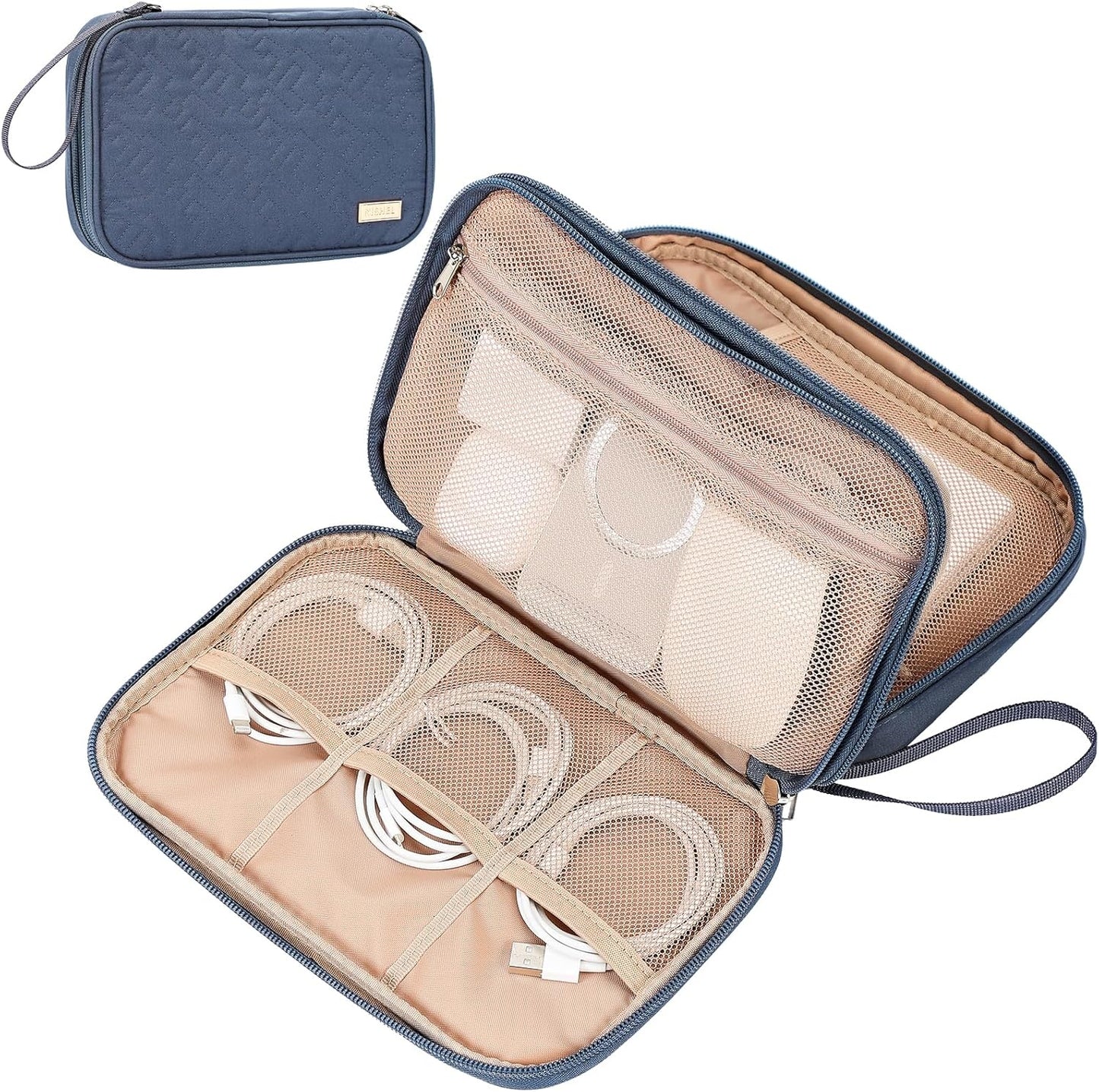 NISHEL Travel Cord Organizer Case, Double Layers Tech Electronic Bag, Essentials for Charger, Cable, Phone, Flash drive, Medium, Pink