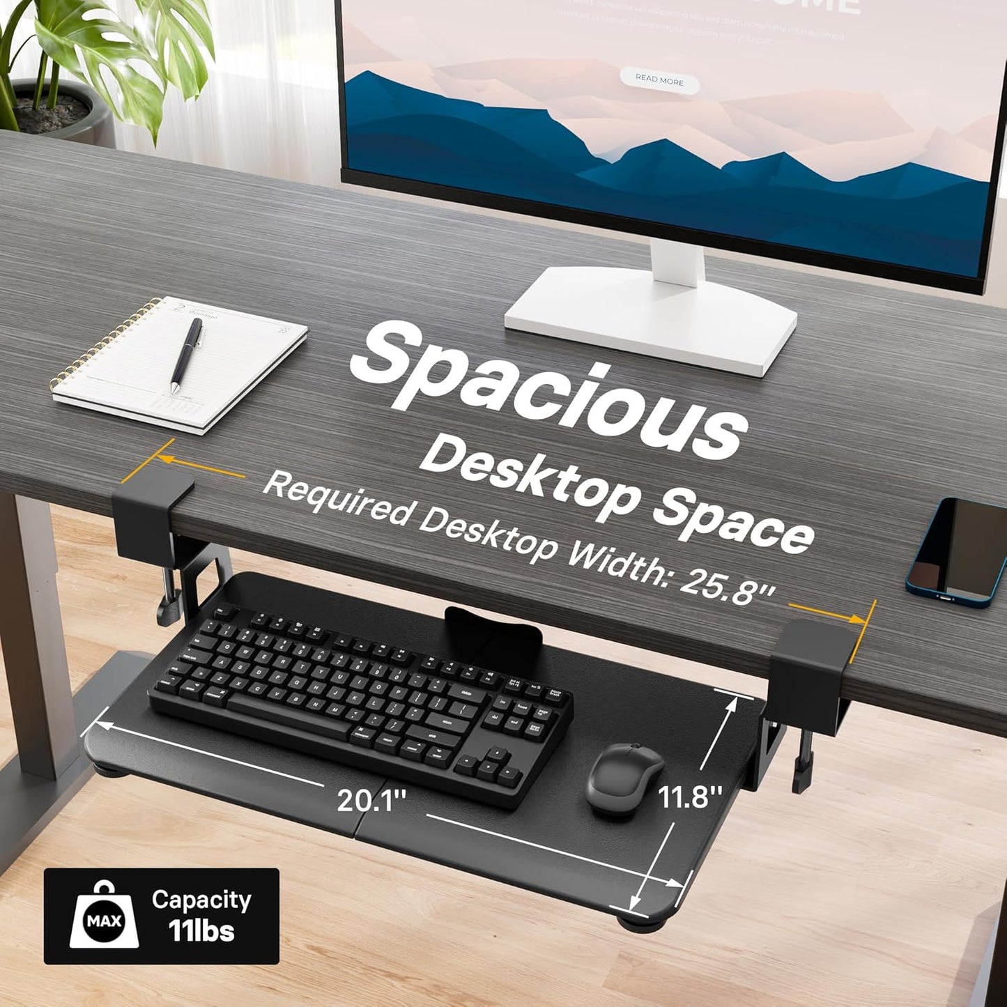 BONTEC KMT01 Under Desk Keyboard Tray, Pull-Out Keyboard & Mouse Platform with C-Clamp, 25.6 x 11.8 in Space-Saving Ergonomic Slide-Out Drawer, White