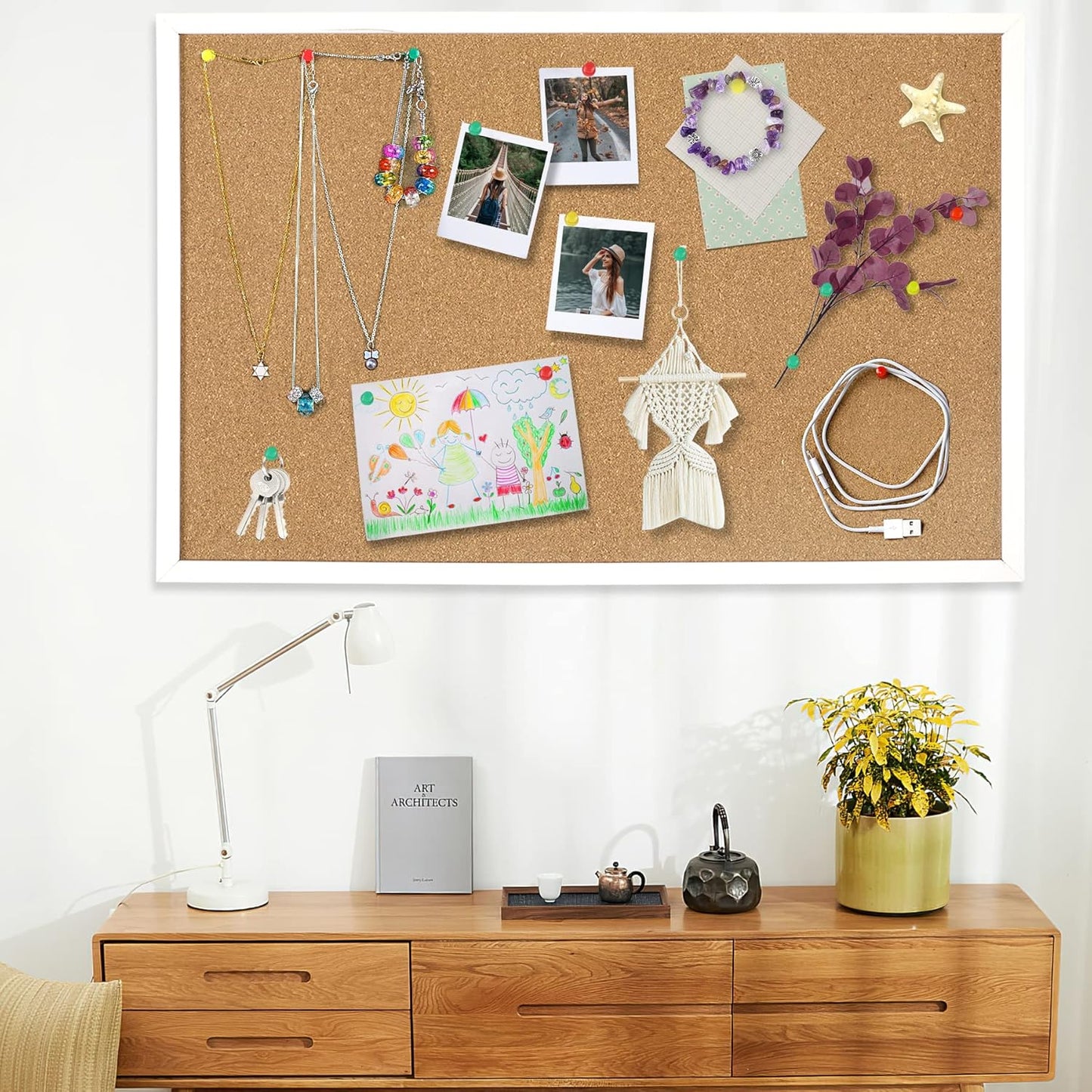 FEBSNOW Cork Board Bulletin Board 15.7 x 12 Inches with Rectangle White Frame Hanging Pin for Office Home Message Board or Vision Board Decoration