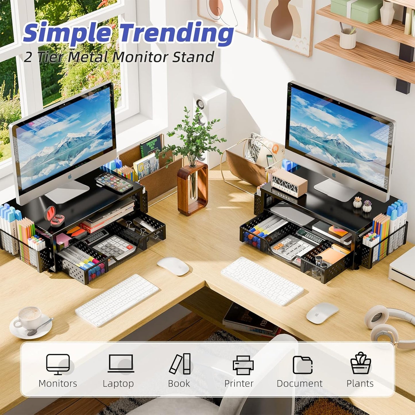 Simple Trending Desk Organizer and Accessories, 2 Tier Computer Metal Monitor Stand Riser with Drawer and Pen Holder for Laptop, Computer, iMac, Black