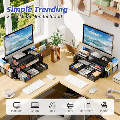 Simple Trending Desk Organizer and Accessories, 2 Tier Computer Metal Monitor Stand Riser with Drawer and Pen Holder for Laptop, Computer, iMac, Black