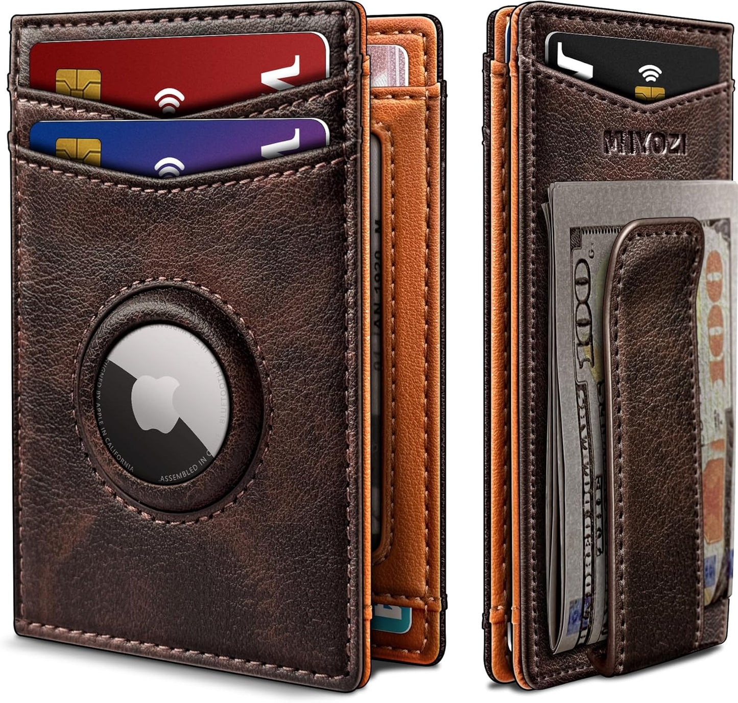 miyozi Airtag Wallet for Men- with Money Clip Gift Boxed, Magnetic Closure Slim Genuine Leather Front Pocket Wallet, 4.1"x 2.8", RFID Blocking